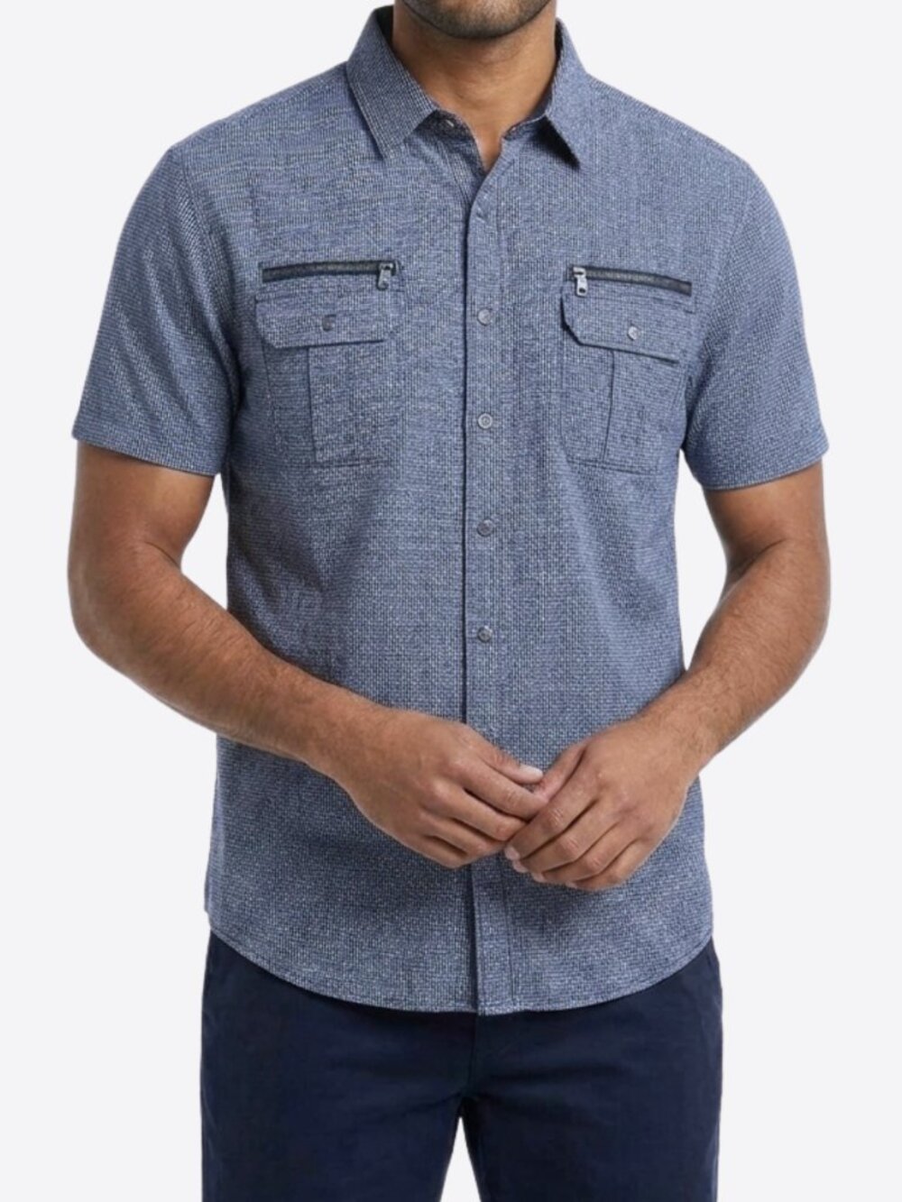 Rock & Republic Men's Sz XXL Short Sleeve Casual Button Down Zipper Pockets Blue